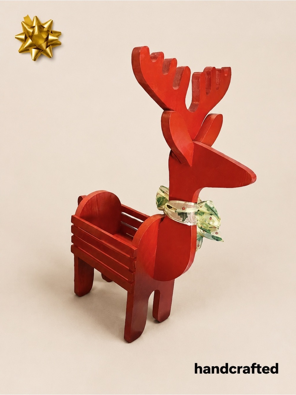 Handcrafted Red Reindeer Holiday Decoration Container No Flaws 18x18x6”